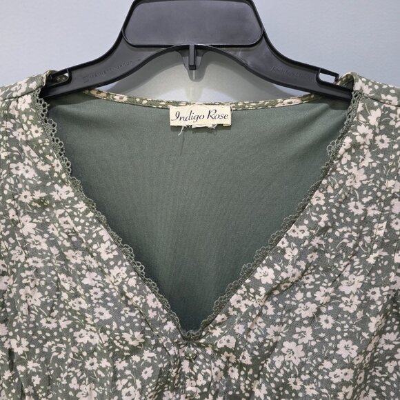 Indigo Rose Green Floral Print V-Neck Dress Midi Ruffle Cap Sleeve Elastic Waist - Picture 2 of 8